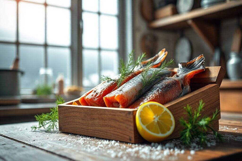 How Long Does Smoked Fish Last: 3 Tested Storage Solutions 2 Smoked fish storage in a wooden container with fresh herbs and a lemon