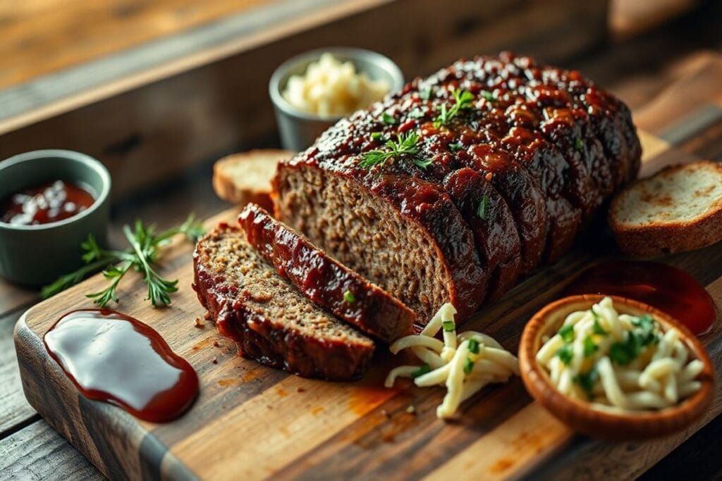 The Best Smoked Meatloaf Recipe Perfect for 2025: Tender & Unique 4 Aerial view of a smoked meatloaf on a wooden cutting board with bread and coleslaw