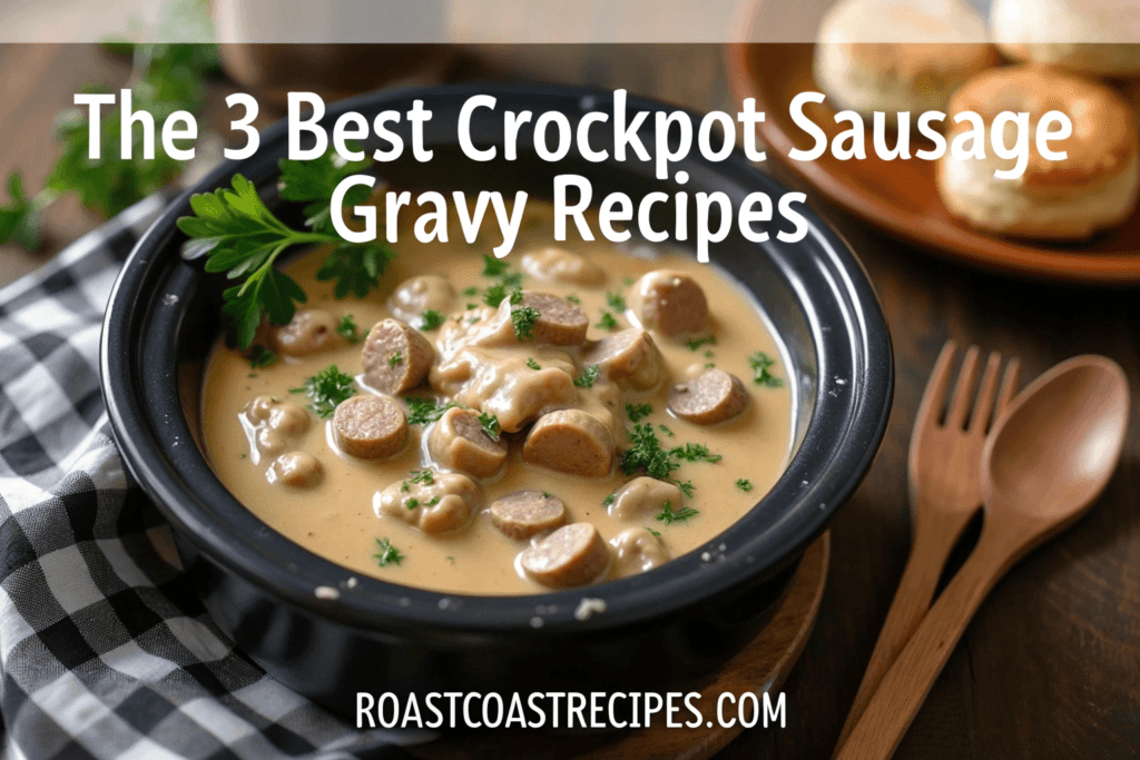 Creamy crockpot sausage gravy served over biscuits with fresh parsley garnish