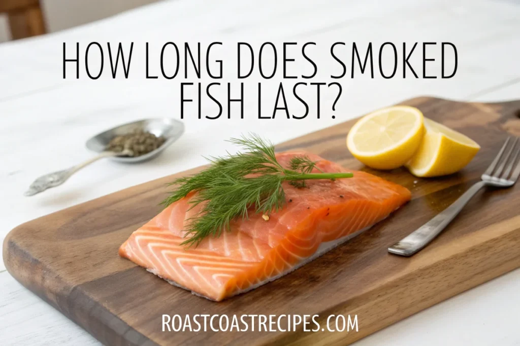 How Long Does Smoked Fish Last: 3 Tested Storage Solutions 2 Smoked salmon fillet on a cutting board with text overlay "how long does smoked fish last" - high-quality food photography for roastcoastrecipes.com