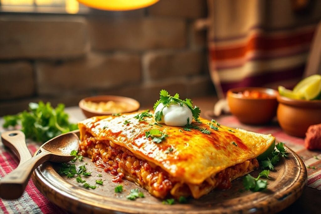 Boulders Enchilada Recipe: 3 Quick Ways to Wonderful Success 2 A mouthwatering Boulders Enchilada Recipe, garnished with fresh cilantro, sour cream, and lime, served with a rustic wooden spoon and a terracotta bowl of fresh salsa.