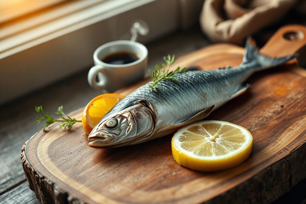 Cold Smoked Mackerel: 5 Homemade Recipes Like a Pro Chef 4 A beautifully presented plate of cold smoked mackerel, garnished with lemon and fresh dill, on a rustic wooden board