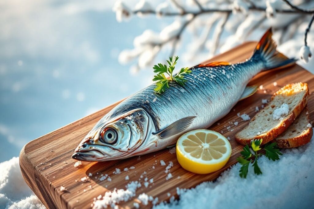 Cold Smoked Mackerel: 5 Homemade Recipes Like a Pro Chef 3 A perfectly prepared cold smoked mackerel dish, garnished with fresh parsley and lemon, on a rustic wooden cutting board amidst a snowy winter wonderland backdrop.