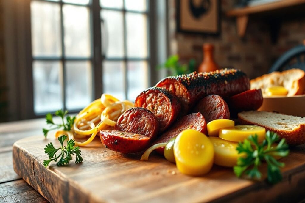 Georgia Smoked Sausage: 4 Expert Tips for Perfect Homemade Recipes 4 A mouth-watering Georgia Smoked Sausage dish with crispy onions, tangy mustard, and crunchy pickles.