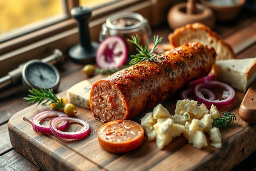 Georgia Smoked Sausage: 4 Expert Tips for Perfect Homemade Recipes 3 Georgia Smoked Sausage, sliced red onions, pickles, rosemary, artisanal bread, and blue cheese on a rustic wooden cutting board