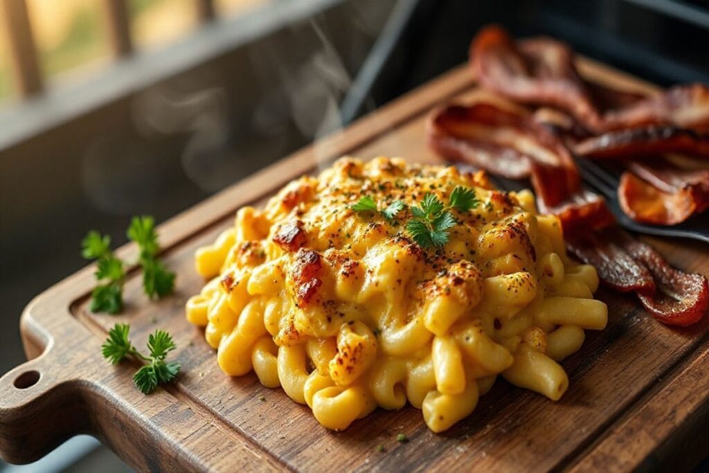 Smoked Mac and Cheese Pellet Grill: 3 Easy Ways to Perfect Results 2 Smoked mac and cheese on a wooden cutting board, garnished with fresh parsley and crispy bacon