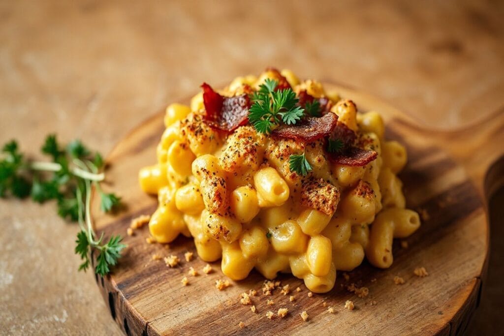 Smoked Mac and Cheese Pellet Grill: 3 Easy Ways to Perfect Results 4 A deliciously smoked mac and cheese dish, styled on a rustic wooden board, with crispy top layer and creamy cheese interior.