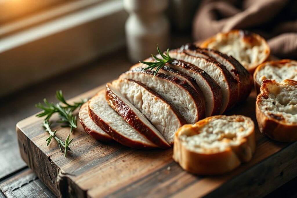 Top 4 Smoked Turkey Breast Recipes for Your Next BBQ 2 A beautifully arranged smoked turkey breast on a rustic wooden cutting board, garnished with fresh rosemary and rustic bread.