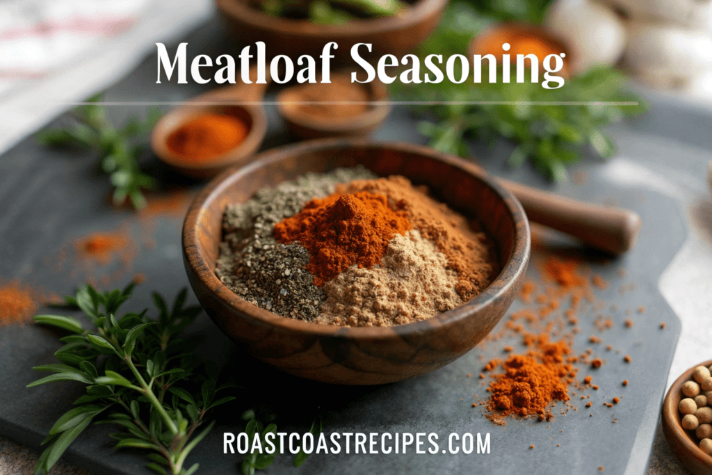Meatloaf Seasoning Recipe: Amazing 4 Tips To Enjoy Your Seasoning 1 A rustic bowl of homemade meatloaf seasoning with paprika, garlic powder, and herbs on a marble background.