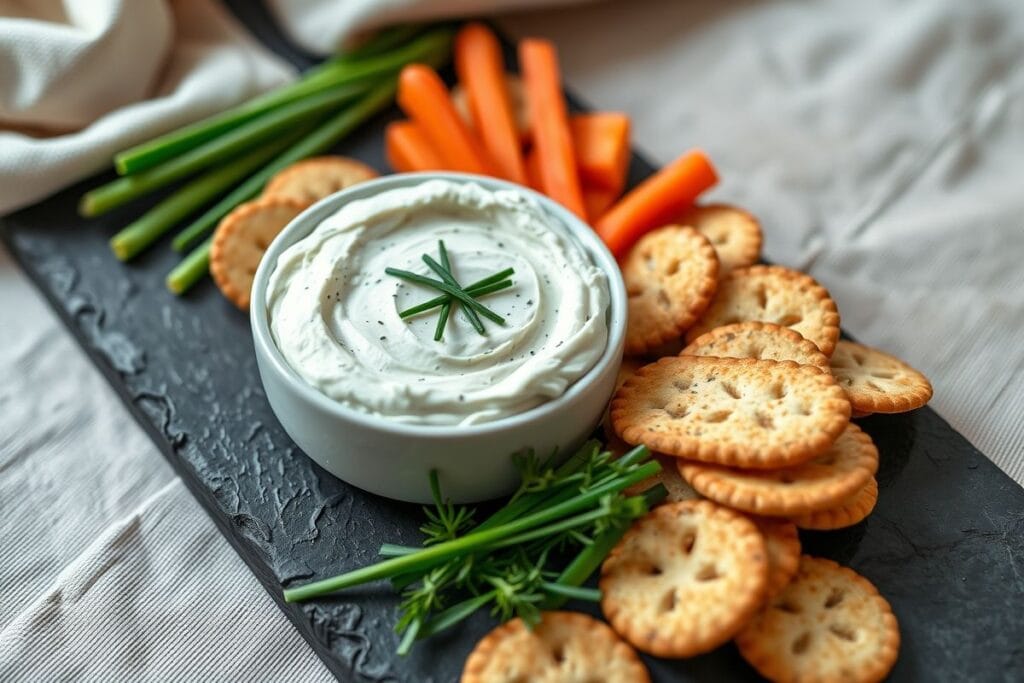 How to Smoke Cream Cheese: 3 Delicious Recipes You'll Love 4 Smoked cream cheese dip served with crackers and fresh vegetables.