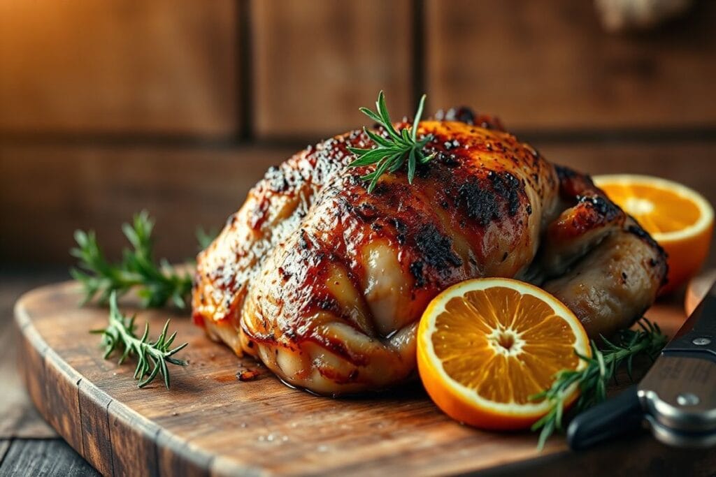 Top 4 Smoked Turkey Breast Recipes for Your Next BBQ 4 A perfectly smoked turkey breast garnished with rosemary and orange, set against a rustic wooden background.