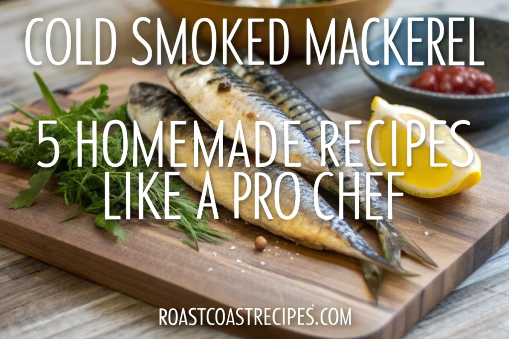 Cold Smoked Mackerel: 5 Homemade Recipes Like a Pro Chef 2 A plate of fresh cold smoked mackerel fillets, garnished with herbs and lemon, on a wooden board, with the keyword "cold smoked mackerel" highlighted in white font.