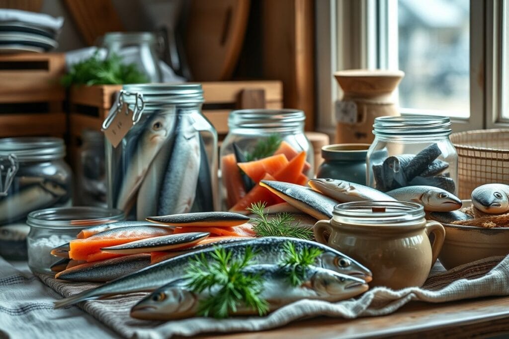 How Long Does Smoked Fish Last: 3 Tested Storage Solutions 3 A selection of smoked fish stored in glass jars, wooden crates, and ceramic containers, with fresh dill and linen cloth accents