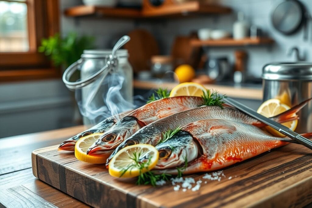 How Long Does Smoked Fish Last: 3 Tested Storage Solutions 4 A beautifully arranged platter of smoked fish, garnished with lemons and fresh dill, on a rustic wooden cutting board