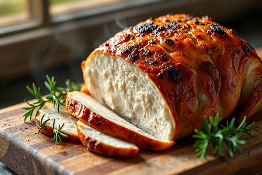 Top 4 Smoked Turkey Breast Recipes for Your Next BBQ 3 A perfectly smoked turkey breast on a rustic wooden cutting board, garnished with fresh thyme and rosemary, with a juicy and tender texture.